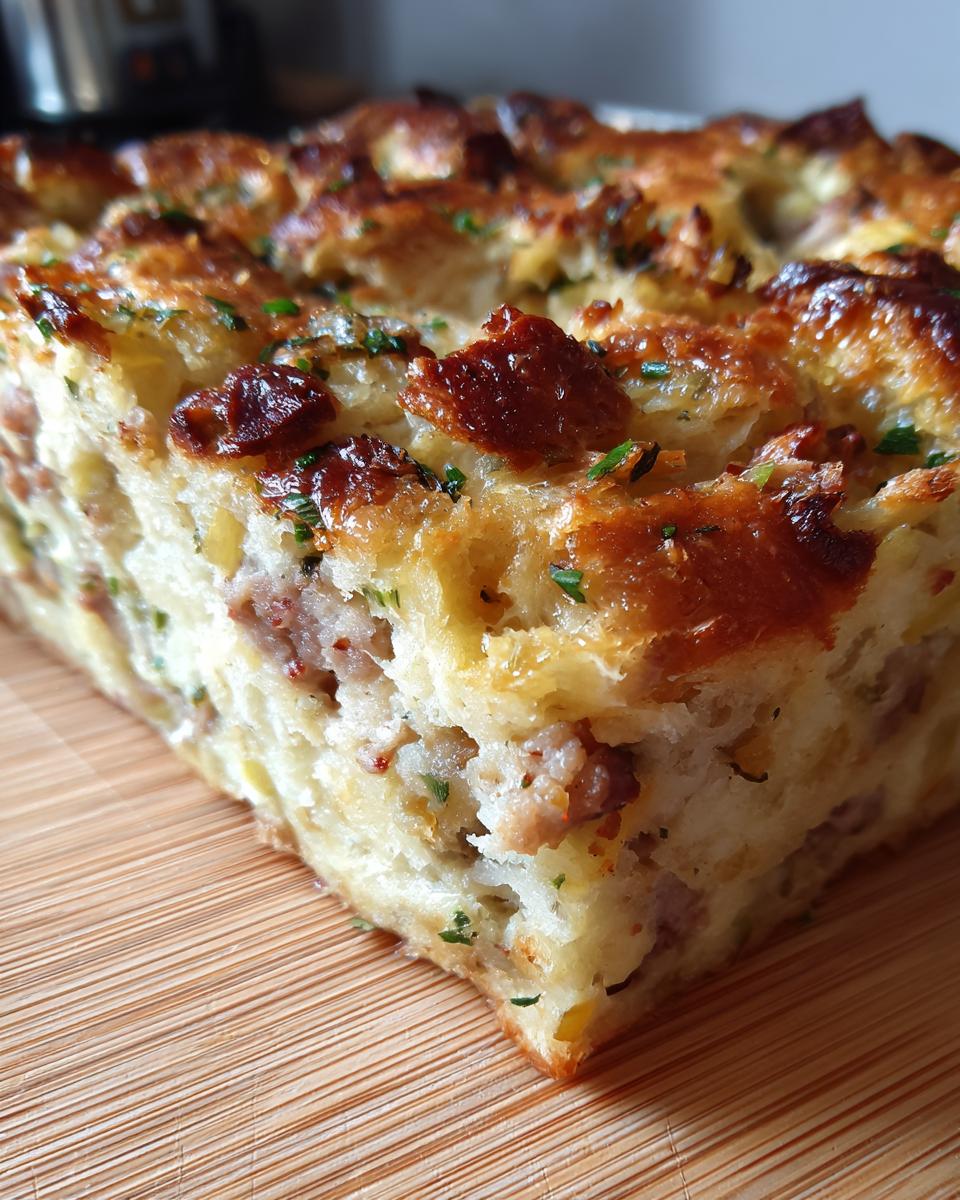 Close-up of a perfectly baked slice of sausage stuffing showing crispy top and chunks of sausage.