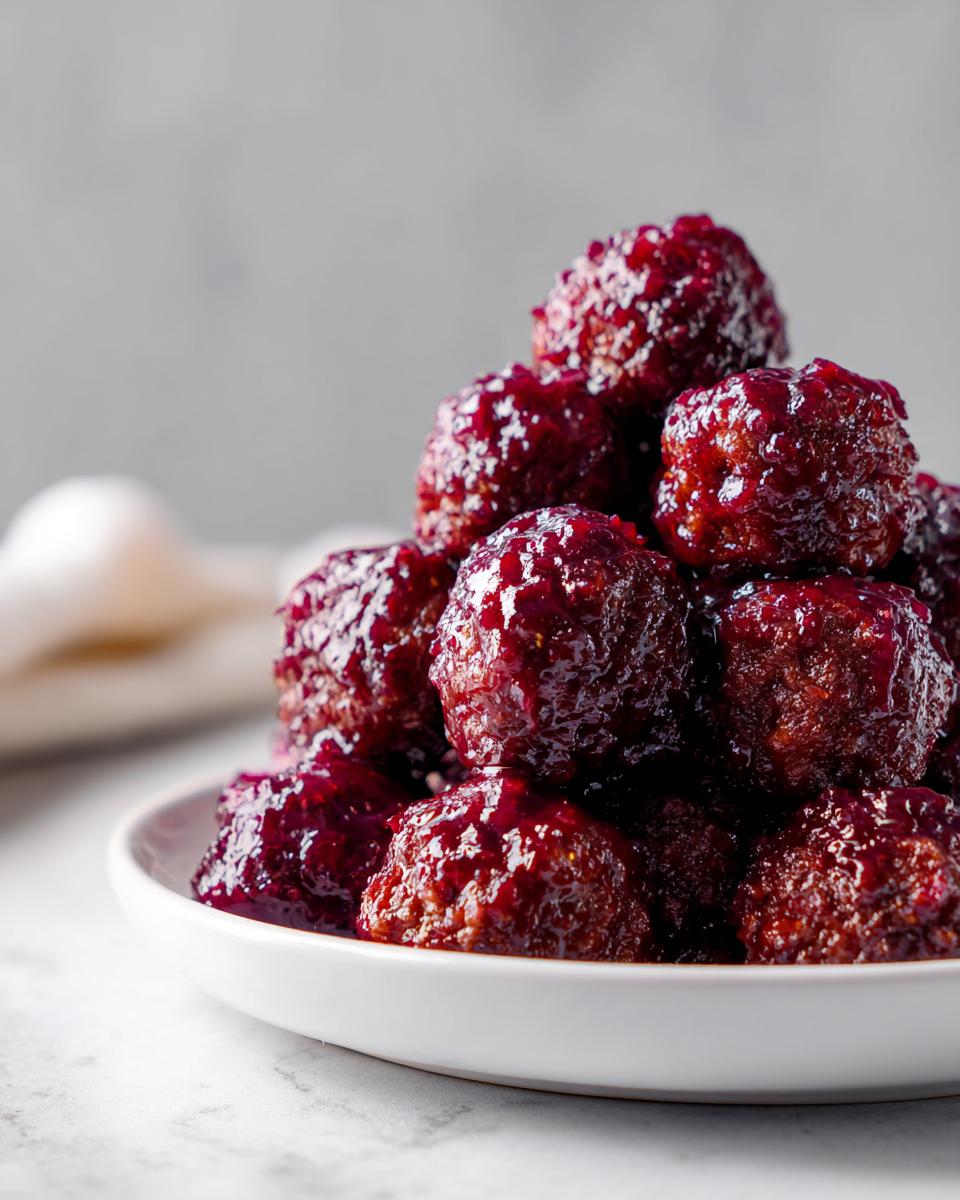 A close-up of a mound of glistening grape jelly meatballs piled high on a white serving dish.