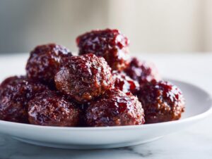 A close-up of several glistening grape jelly meatballs piled high on a white serving plate.