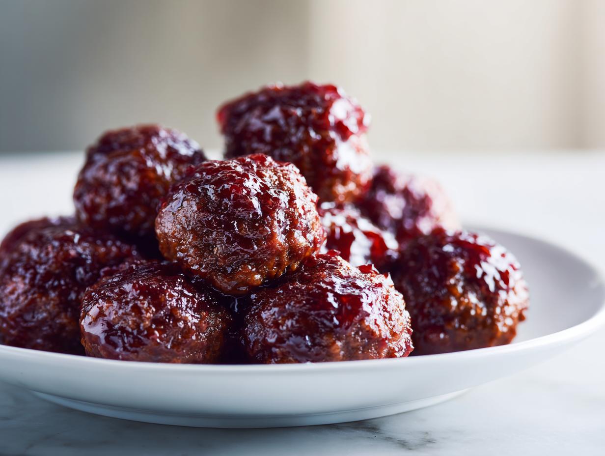 A close-up of several glistening grape jelly meatballs piled high on a white serving plate.