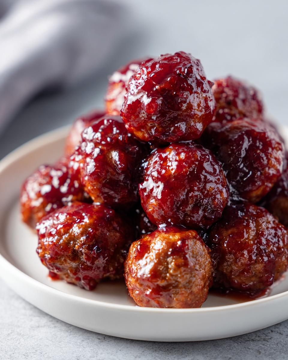 A pile of rich, glossy grape jelly meatballs coated in a thick, dark red sauce, served on a white plate.
