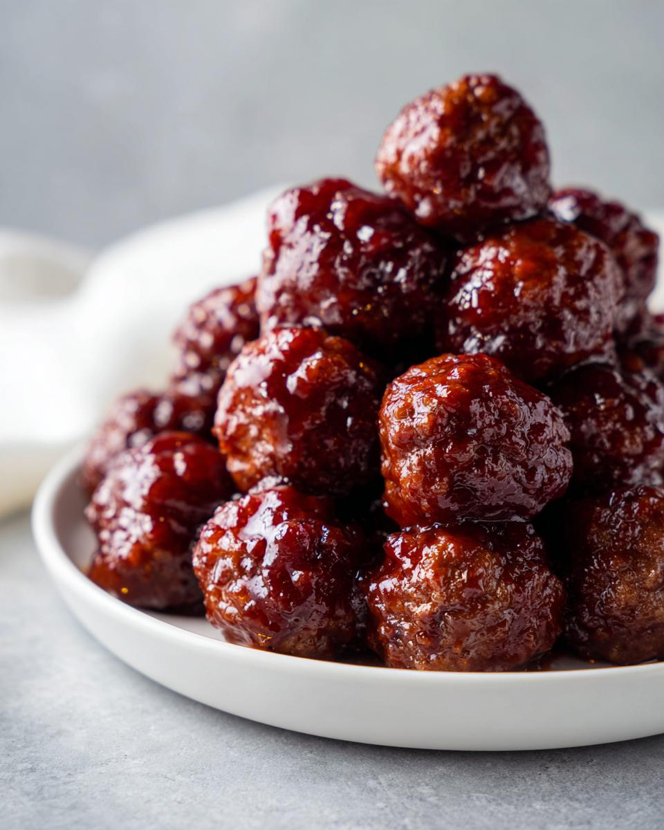 A close-up stack of glistening Grape Jelly Meatballs piled high on a small white serving dish.
