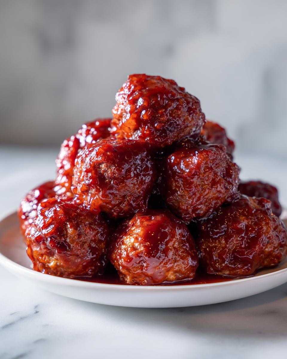 A close-up stack of savory Grape Jelly Meatballs smothered in a thick, glossy, dark red sauce.