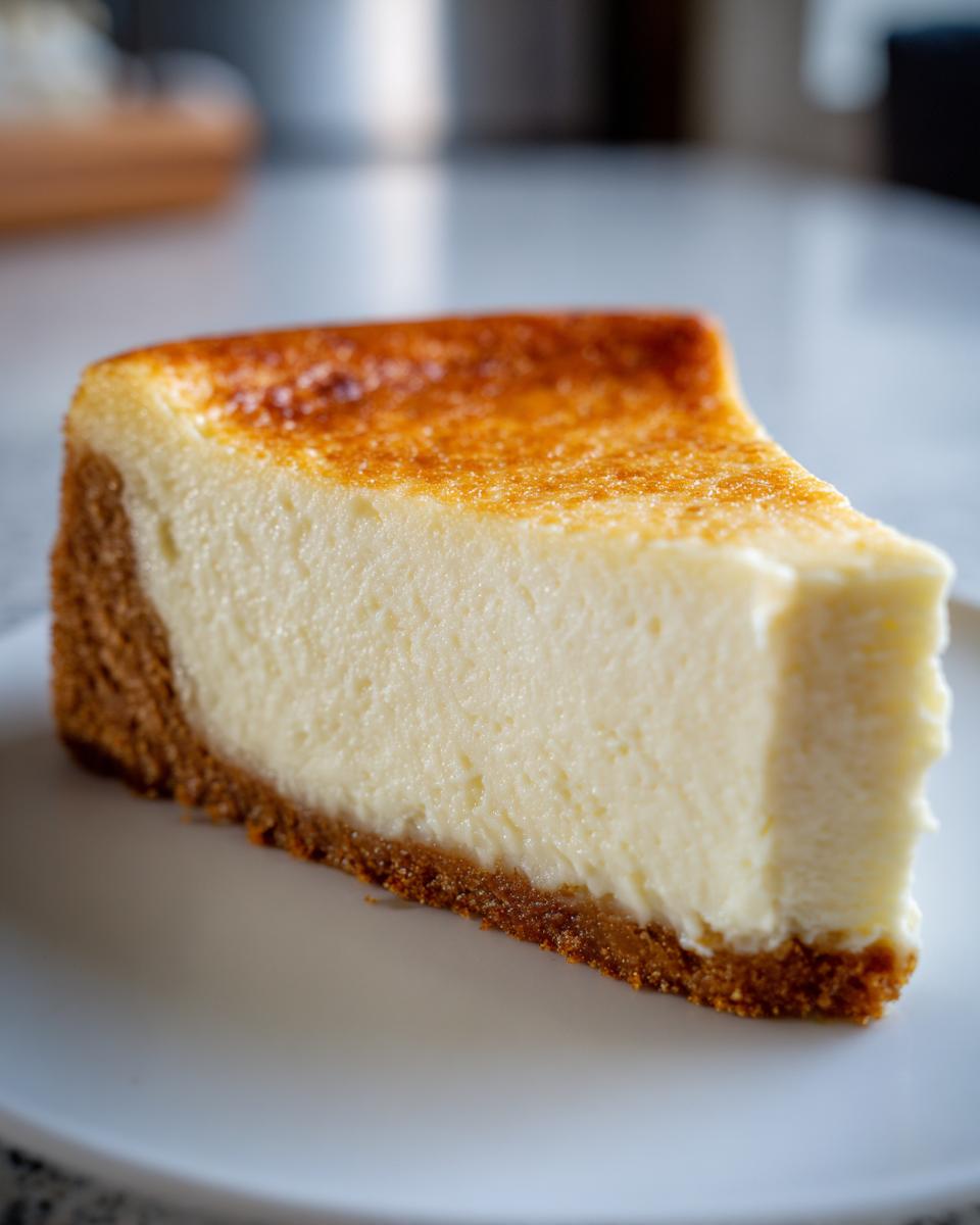 A close-up of a thick slice of creamy Keto cheesecake with a golden-brown, slightly caramelized top and a dark crust.