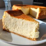 Close-up of a thick slice of creamy Keto cheesecake with a golden-brown top and crust on a white plate.
