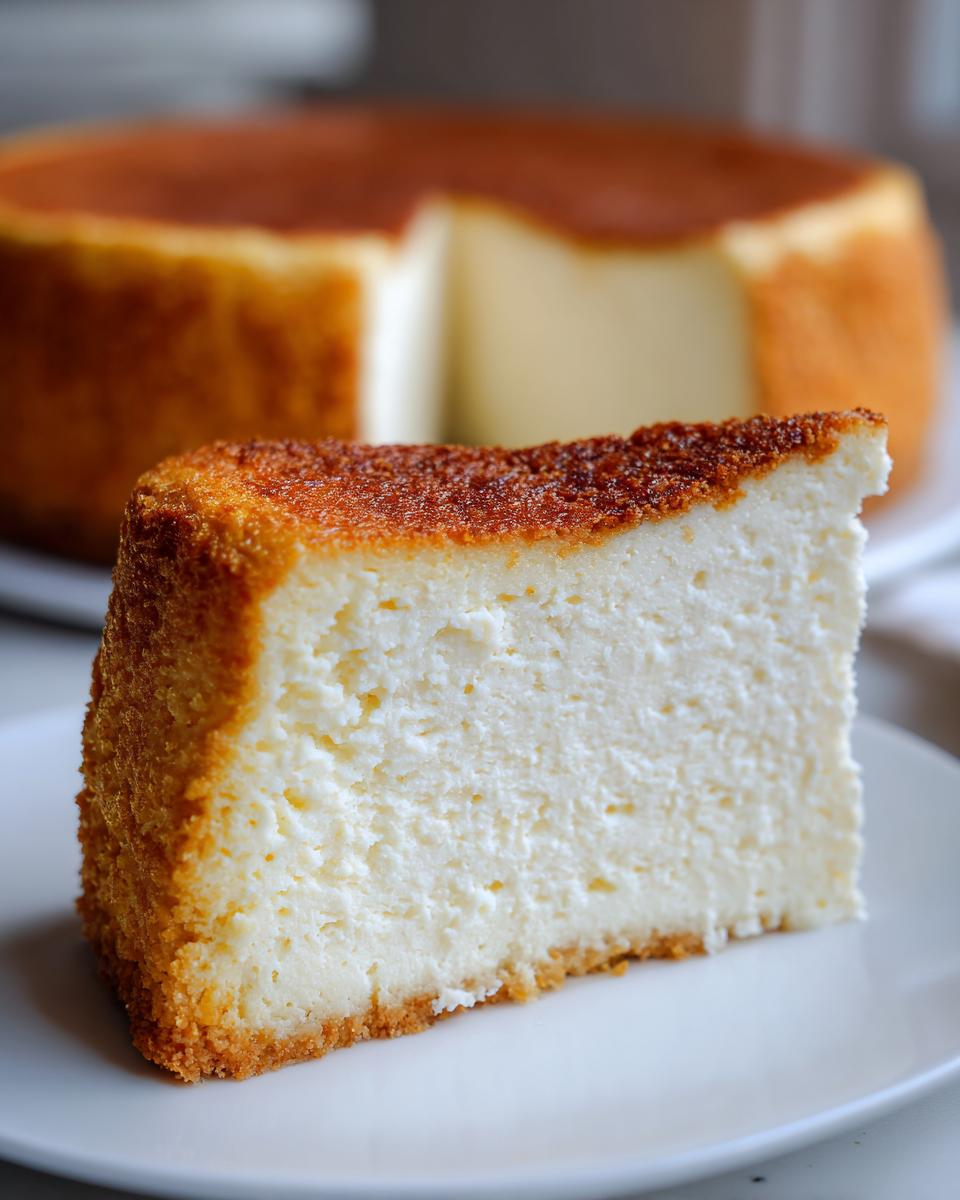A thick slice of creamy Keto cheesecake with a golden-brown, slightly caramelized top and crust.