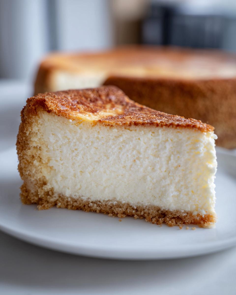 A close-up slice of creamy Keto cheesecake with a golden-brown top and graham cracker crust on a white plate.