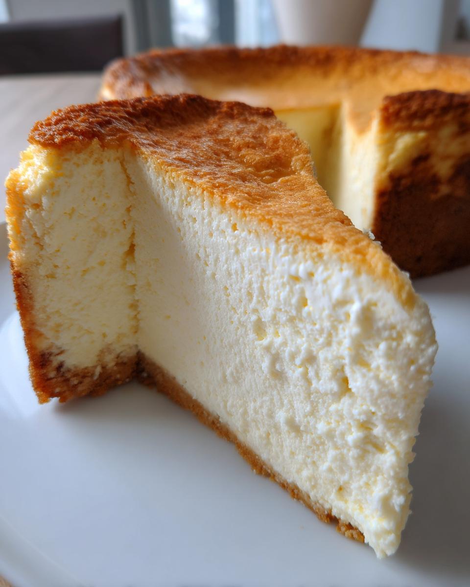 Close-up of a thick slice of creamy Keto cheesecake with a golden-brown baked top and crust.