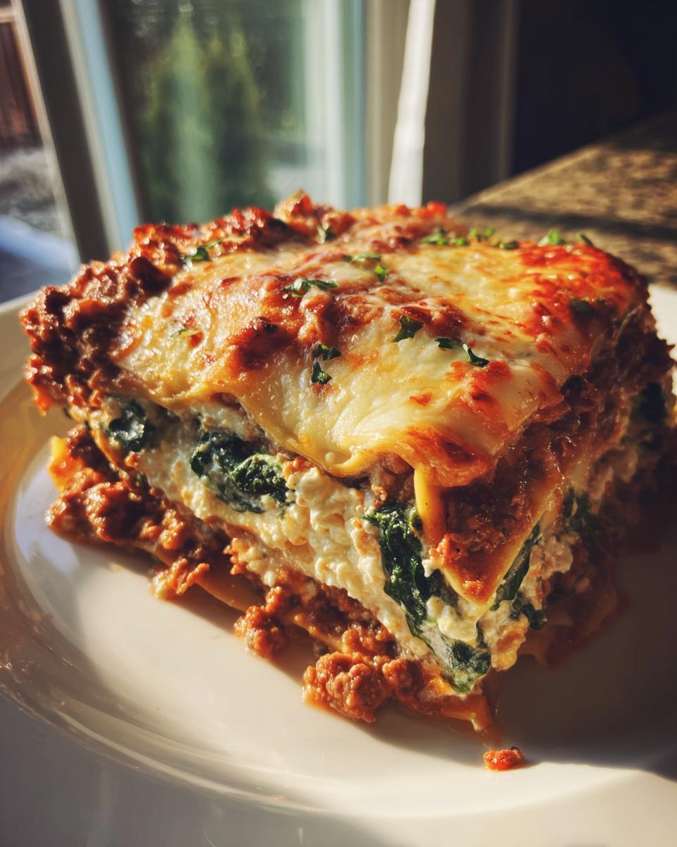 A thick, layered slice of Lasagna with Cottage Cheese, meat sauce, and spinach, topped with melted cheese.