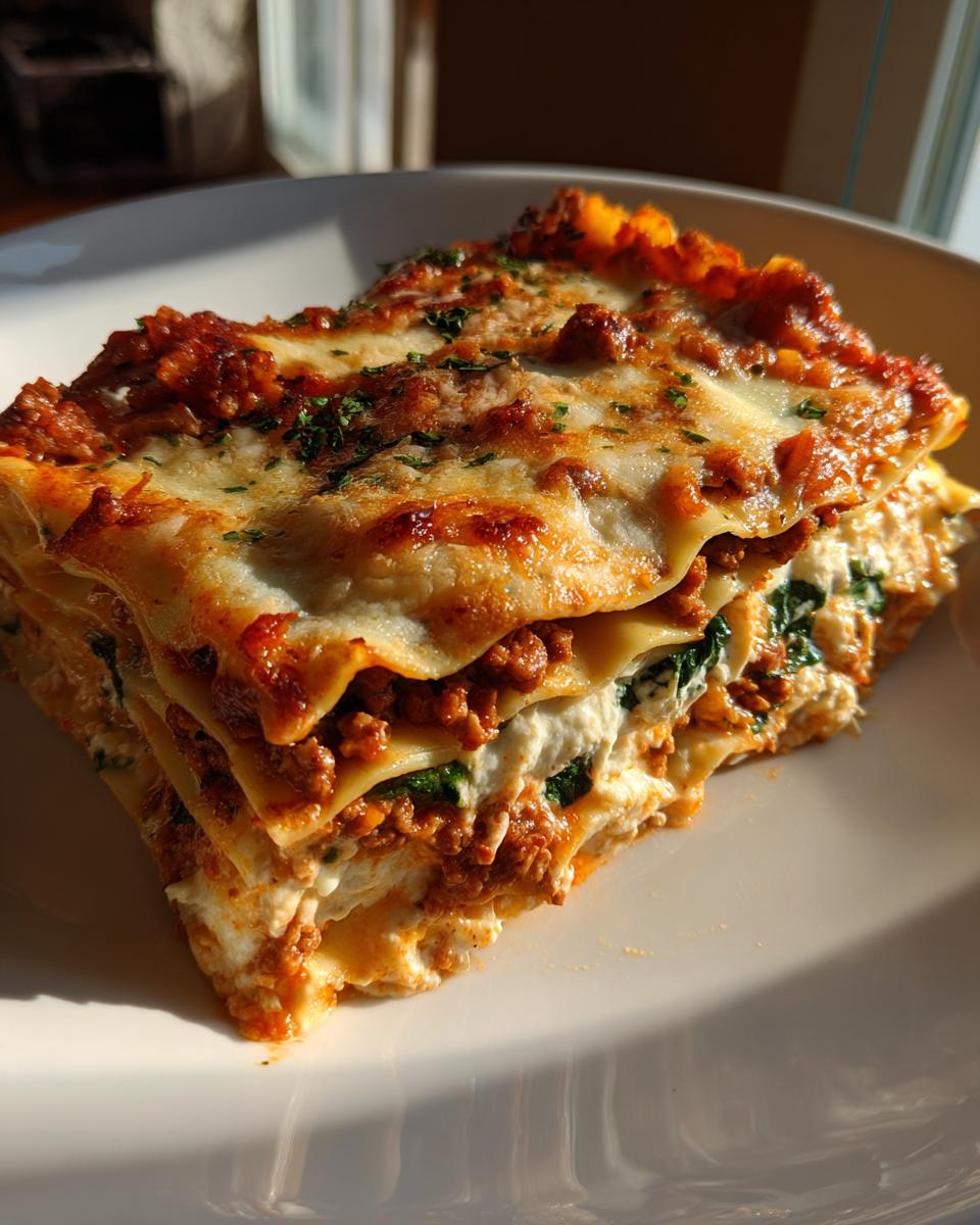 A close-up slice of layered Lasagna with Cottage Cheese, meat sauce, and melted cheese topping.