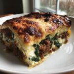 Close-up of a hearty slice of Lasagna with Cottage Cheese, meat sauce, and spinach layers.