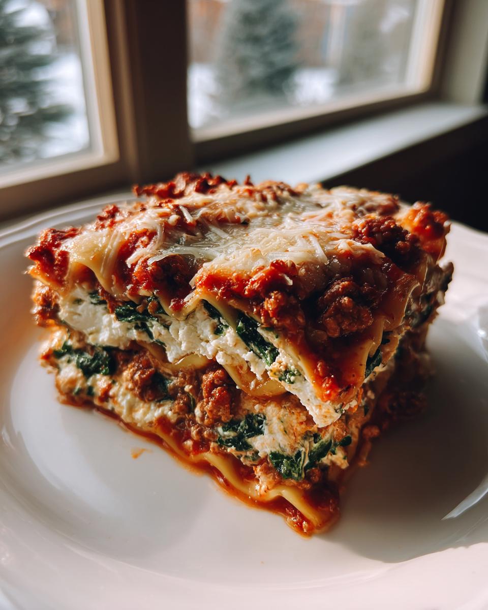 A rich, layered slice of lasagna with cottage cheese, spinach, and meat sauce, topped with melted cheese.