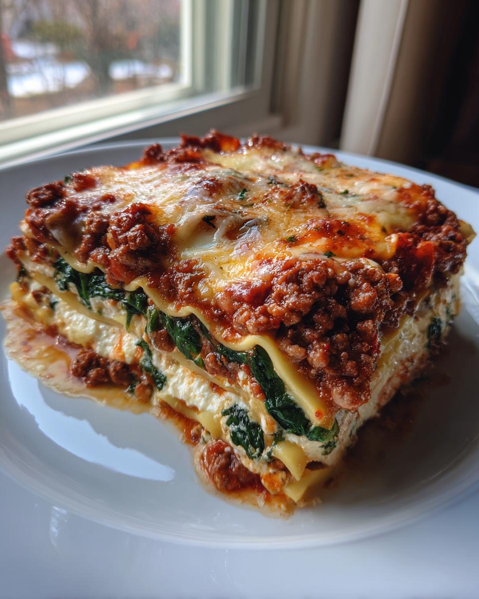 A thick, layered slice of Lasagna with Cottage Cheese, meat sauce, and spinach on a white plate.