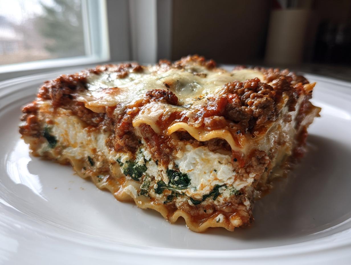 Close-up of a hearty slice of lasagna with cottage cheese, spinach, and meat sauce layers on a white plate.