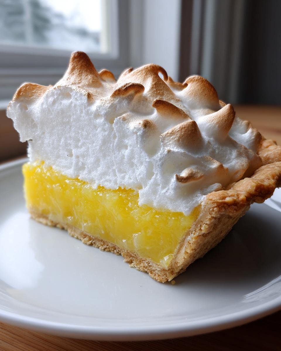 A close-up of a thick slice of lemon meringue pie showing bright yellow filling and fluffy, toasted meringue.