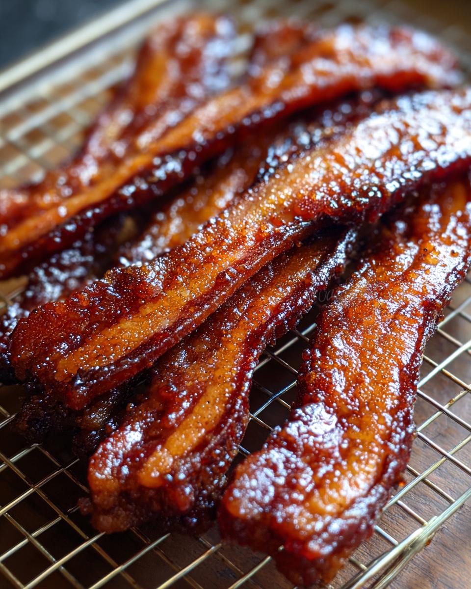 Close-up of several strips of shiny, caramelized Millionaire bacon resting on a wire cooling rack.