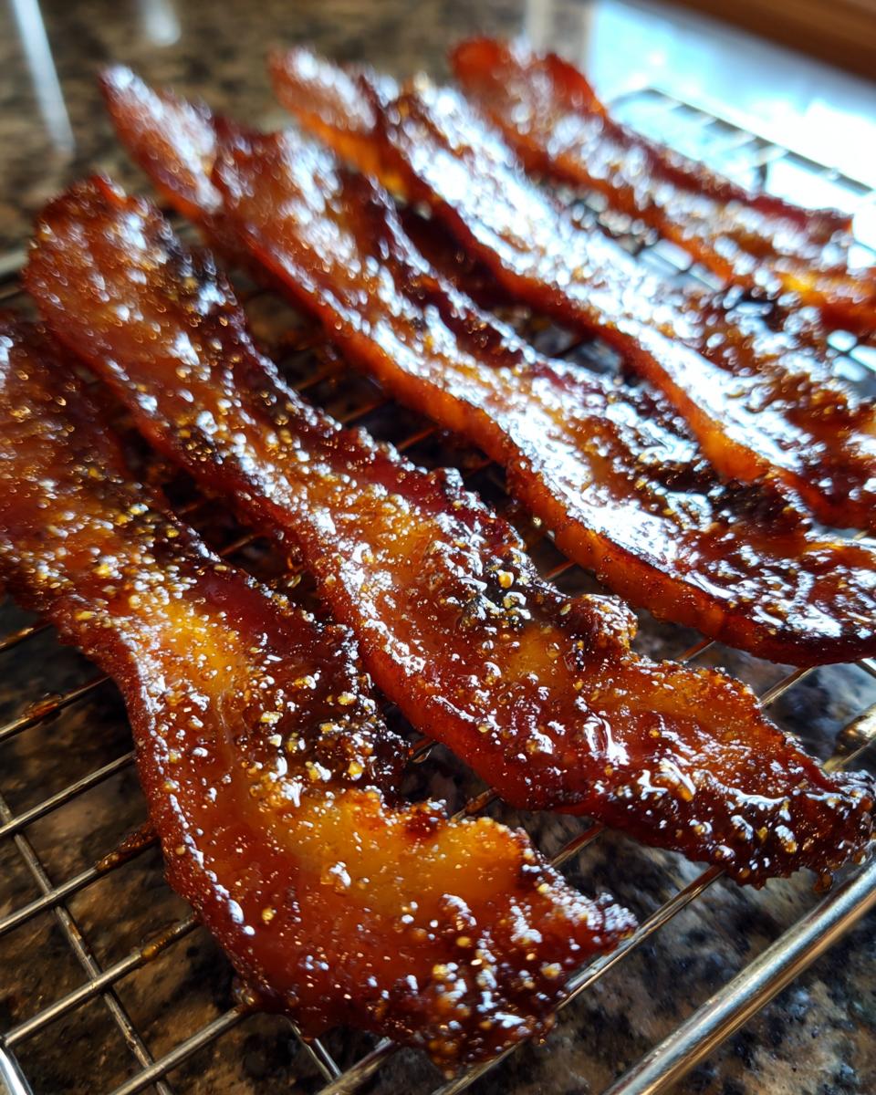 Close-up of several strips of shiny, caramelized Millionaire bacon resting on a wire cooling rack.