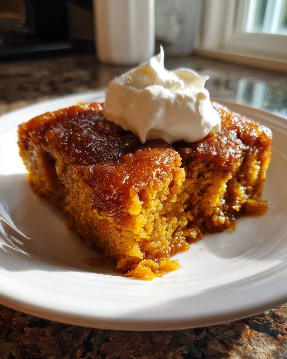 A moist, orange slice of pumpkin dump cake topped with a dollop of whipped cream on a white plate.