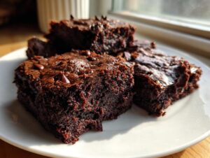 Close-up of rich, fudgy sweet potato brownies sprinkled with chocolate chips, served on a white plate.