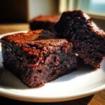 Close-up of rich, dark Sweet Potato Brownies squares with a shiny, cracked top and visible chunks of fruit or chocolate.