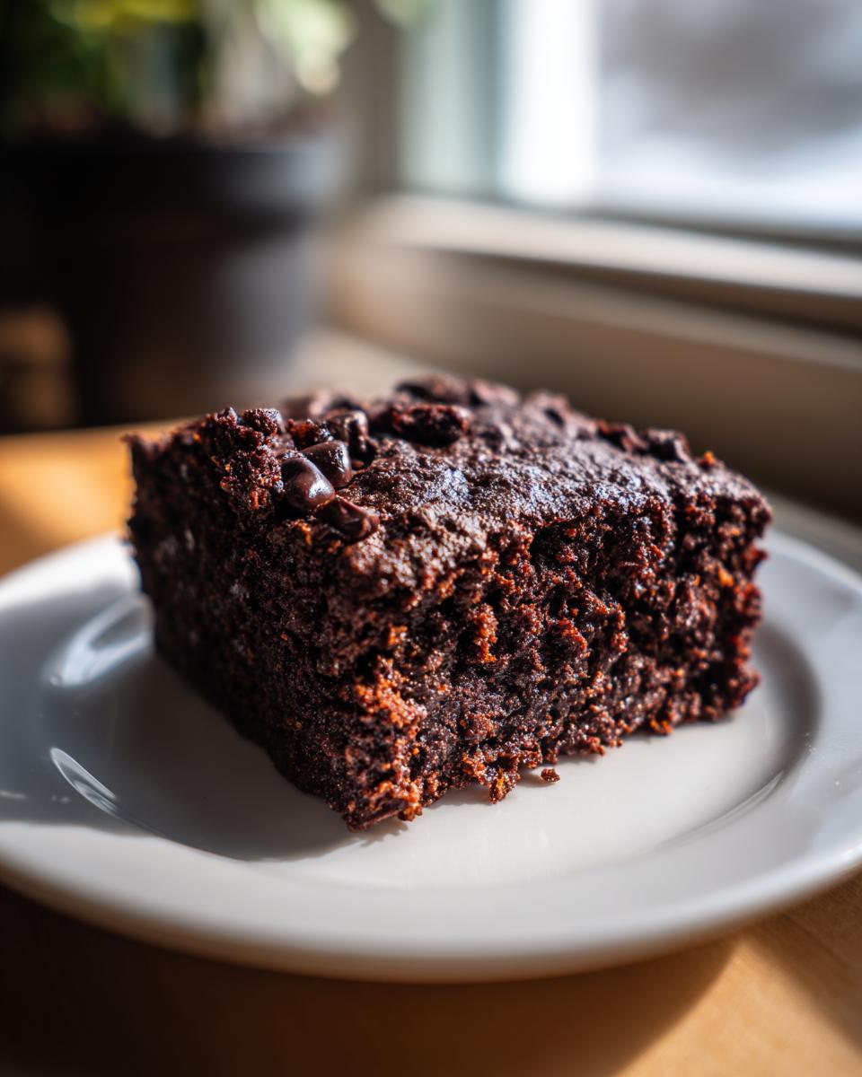 A close-up of a rich, dark chocolate slice of sweet potato brownies topped with melted chocolate chips on a white plate.