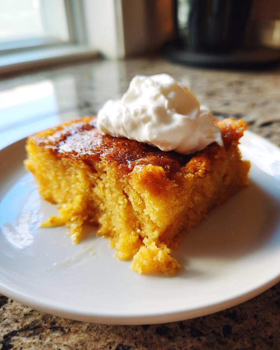 A square slice of moist, orange pumpkin dump cake topped with a dollop of white whipped cream.