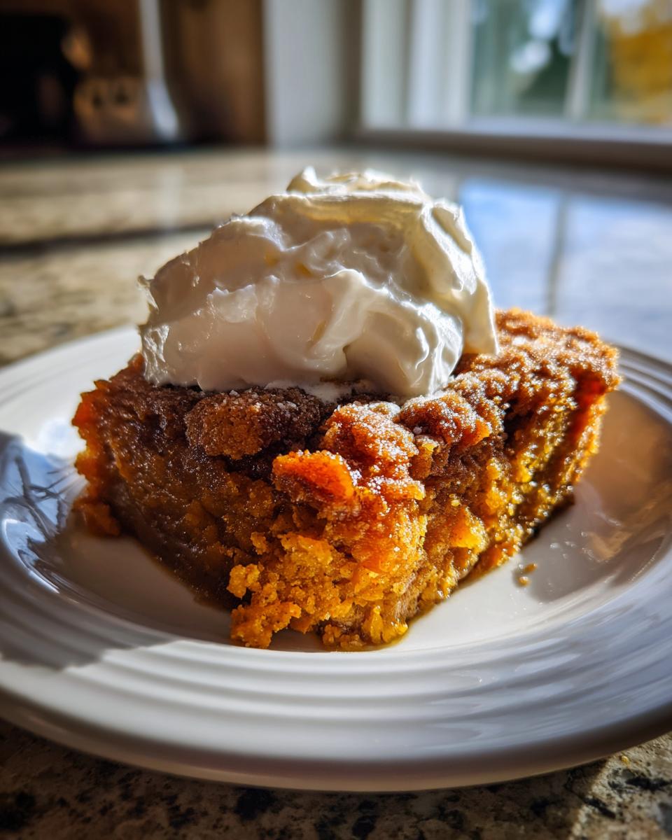 A close-up of a moist slice of pumpkin dump cake topped with a dollop of whipped cream.