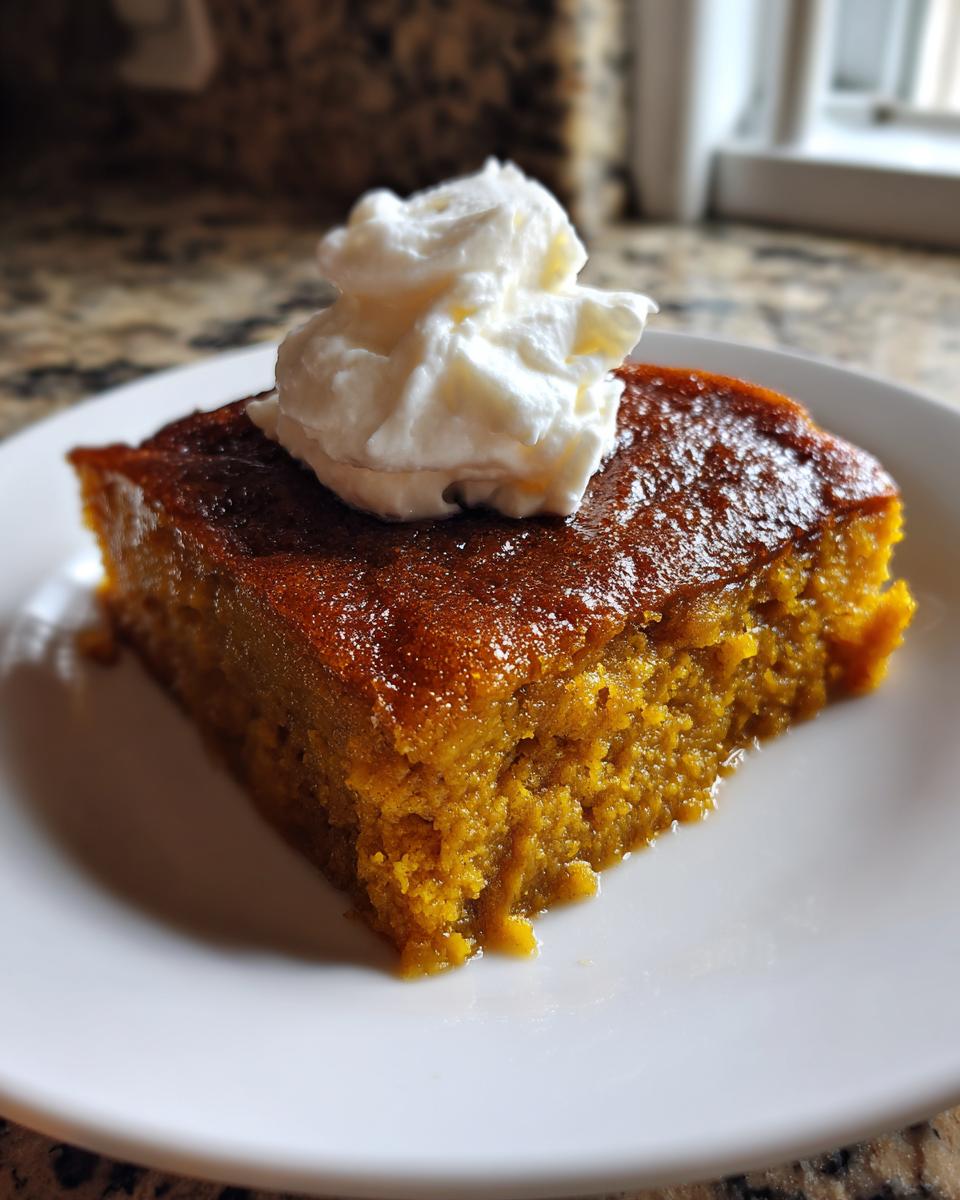 A square slice of moist, orange pumpkin dump cake topped with a dollop of white whipped cream on a white plate.