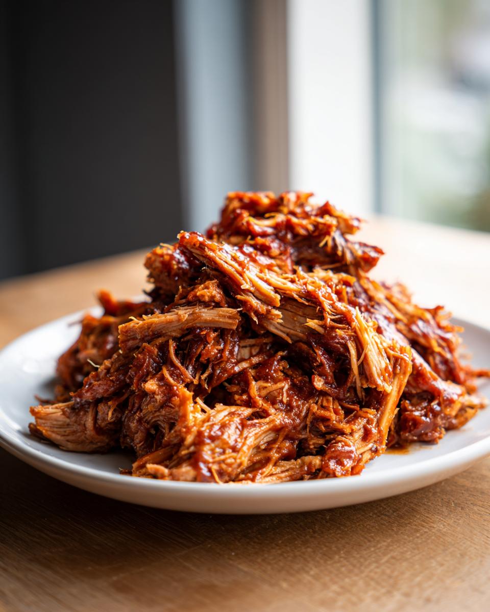 A generous mound of saucy Slow Cooker Pulled Pork piled high on a white plate, ready to serve.