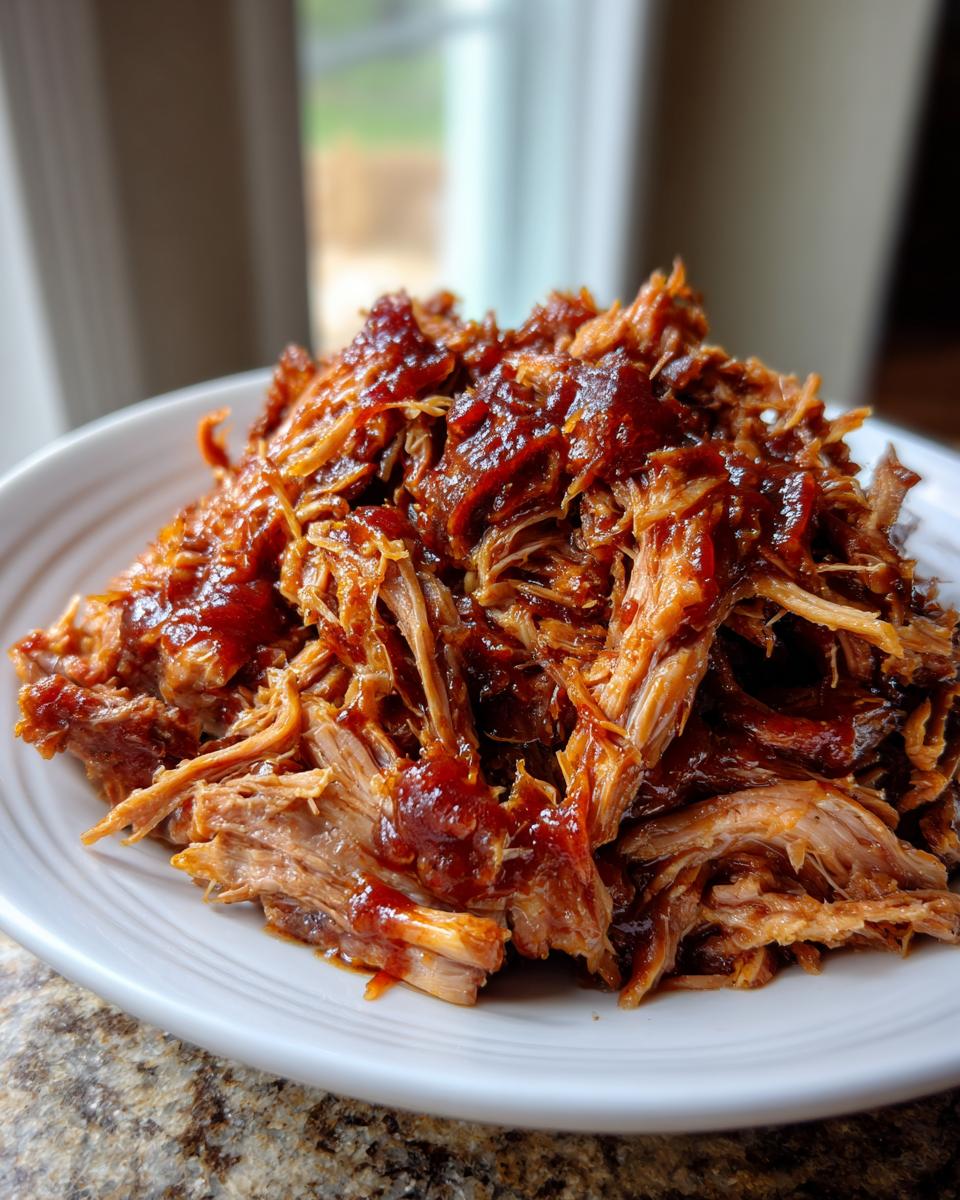 A close-up of shredded, saucy Slow Cooker Pulled Pork piled high on a white plate.