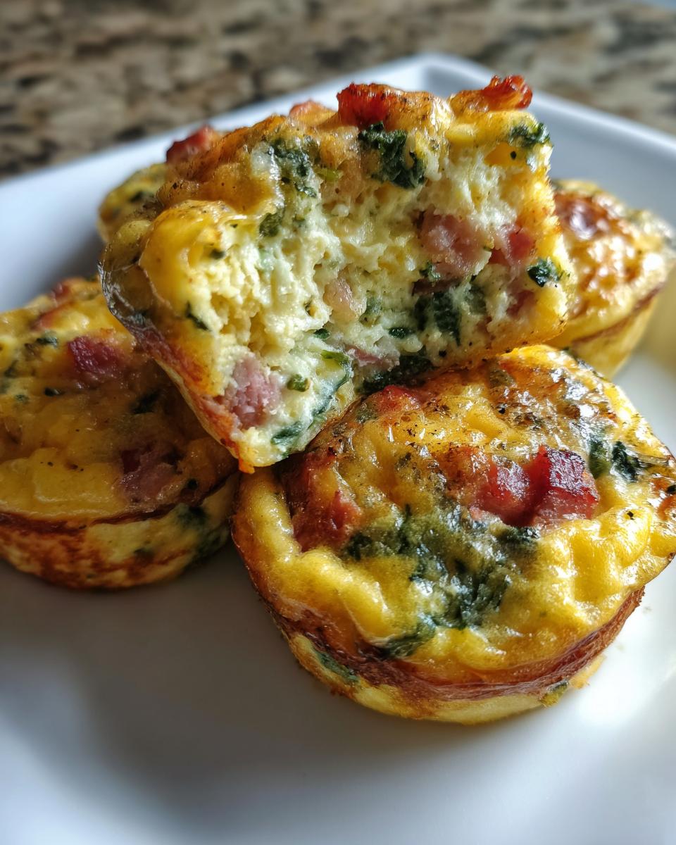 Close-up of several savory Egg Muffin Cups, one broken open showing ham and spinach filling.