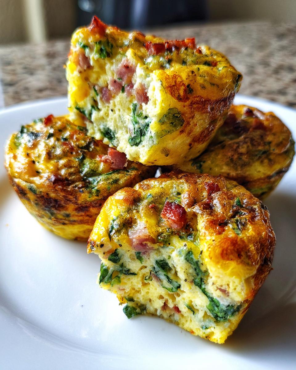 Close-up of four savory Egg Muffin Cups, one cut open to show ham and spinach filling.