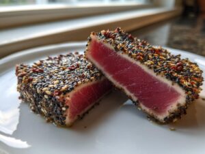 Two thick slices of Seared Ahi Tuna showing a deep red, rare center and a thick crust of black and white sesame seeds.