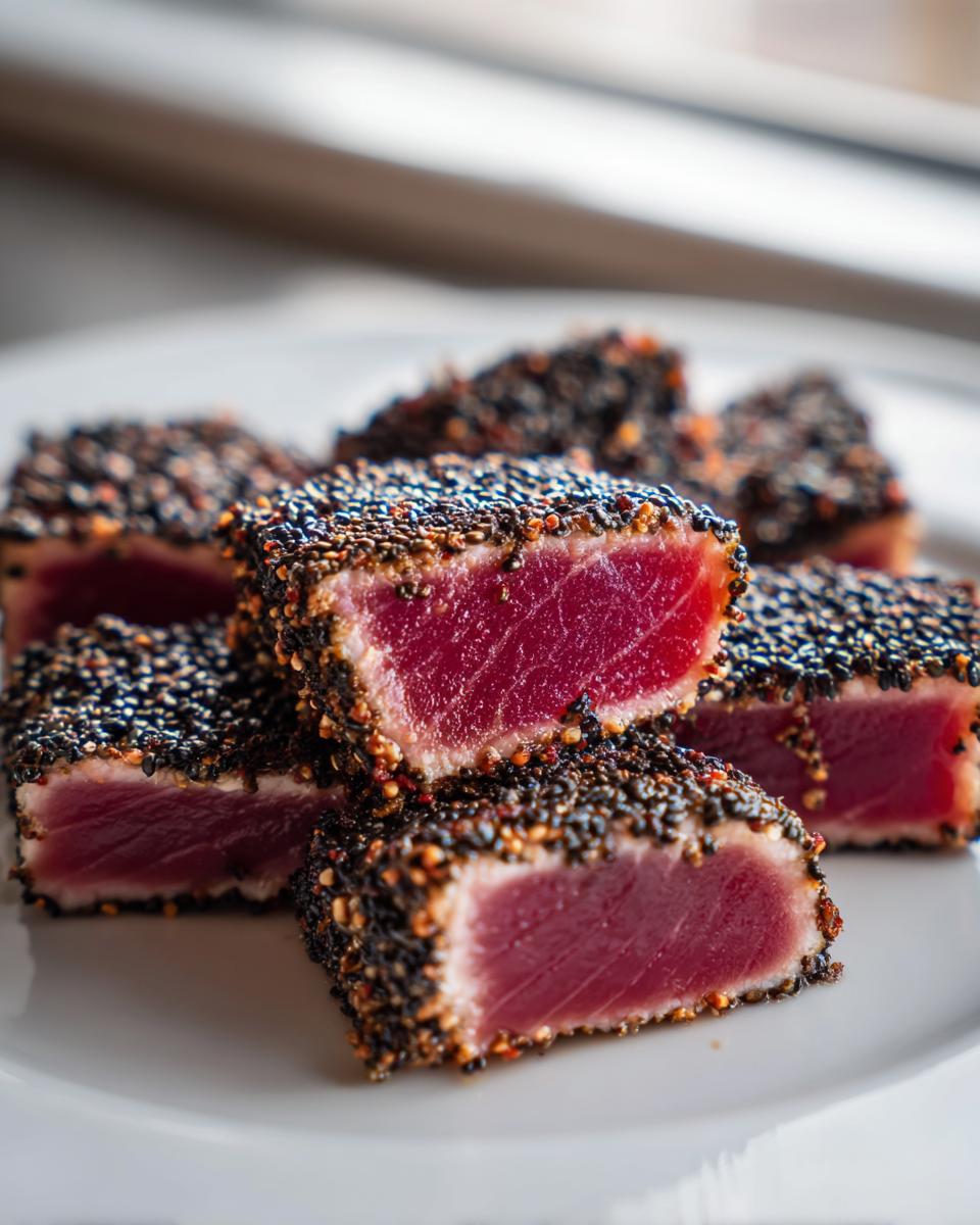 Close-up of perfectly cooked Seared Ahi Tuna pieces, showing a rare red center and a dark sesame seed crust.