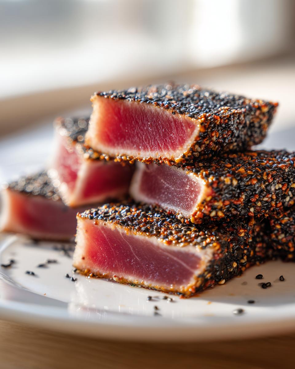 Close-up of stacked, perfectly seared ahi tuna pieces crusted heavily with black sesame seeds.