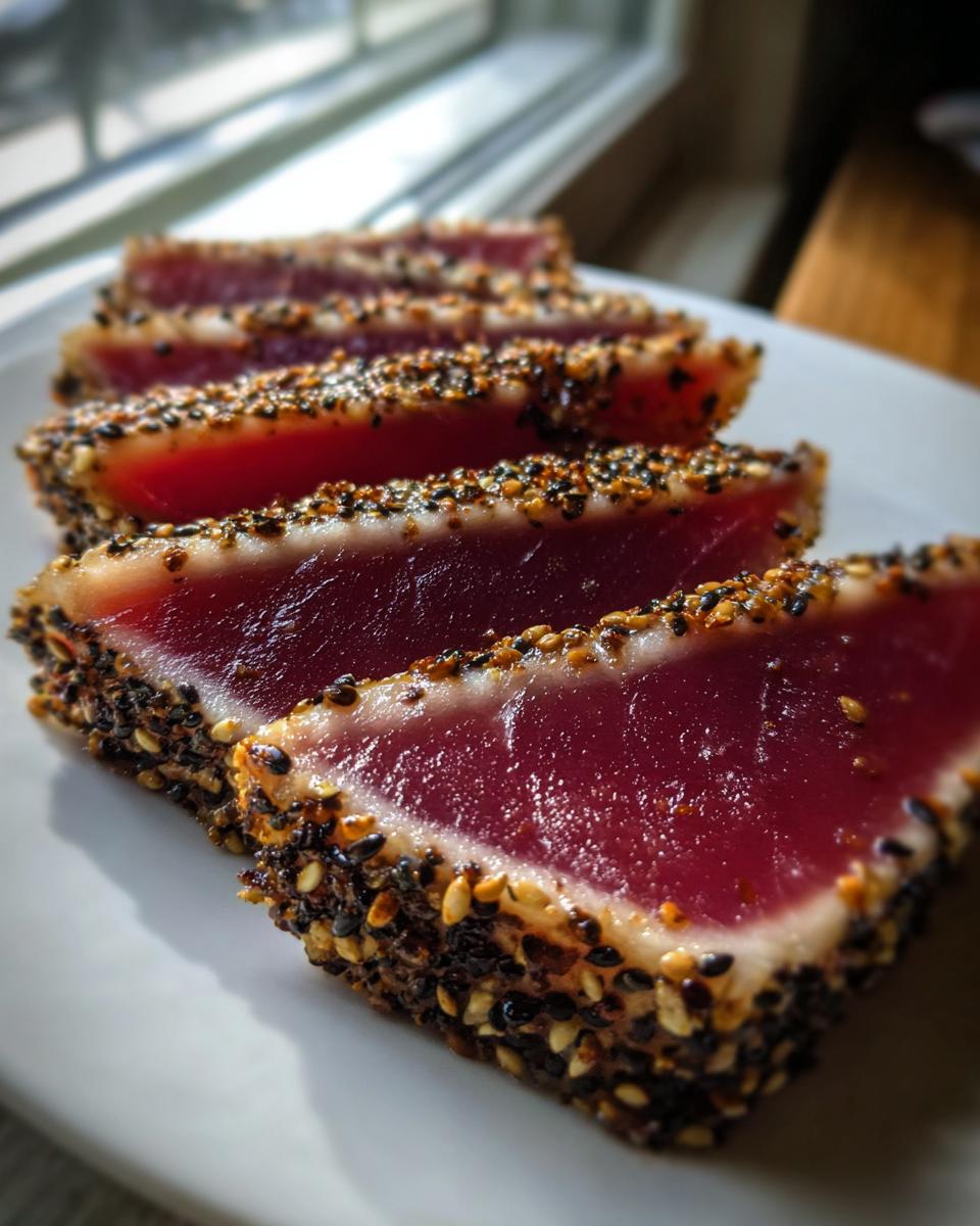 Close-up of four slices of perfectly seared ahi tuna, crusted with black and white sesame seeds.