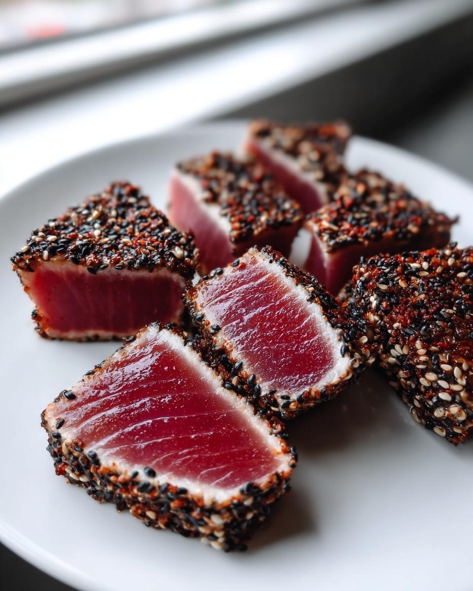 Close-up of perfectly seared ahi tuna slices, showing a rare red center and a dark sesame seed crust.