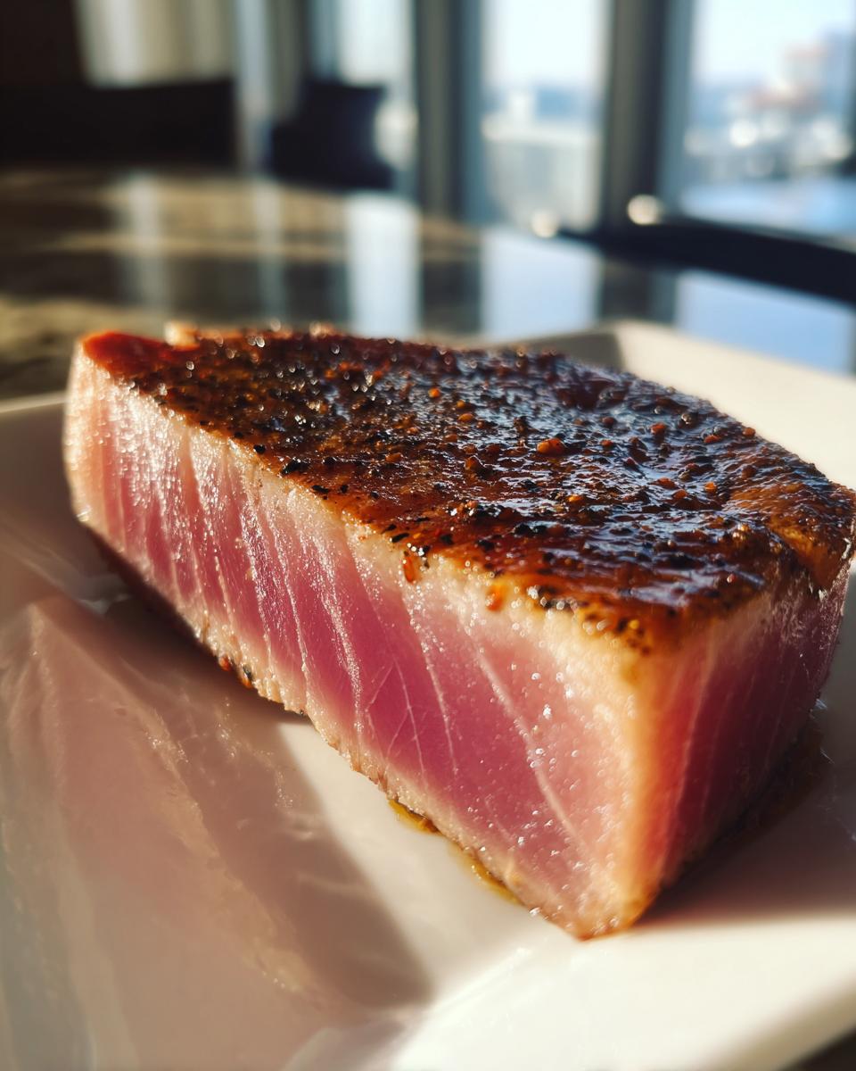Close-up of a perfectly seared, rare tuna steak showing the pink interior and seasoned crust from the MARINADE FOR TUNA STEAK.
