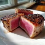 Close-up of perfectly seared tuna steak, sliced to show a rare pink center, prepared using the MARINADE FOR TUNA STEAK.