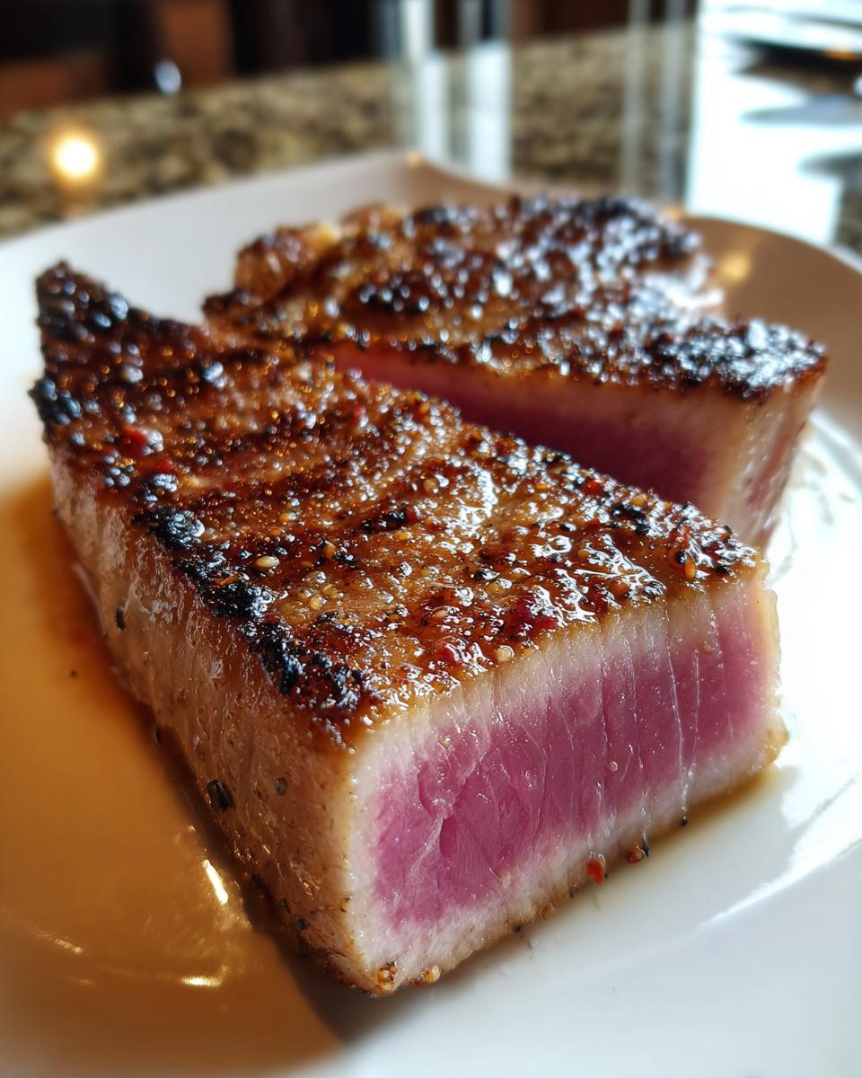 Two thick slices of seared tuna steak, rare in the center, showing a beautiful crust from the MARINADE FOR TUNA STEAK.