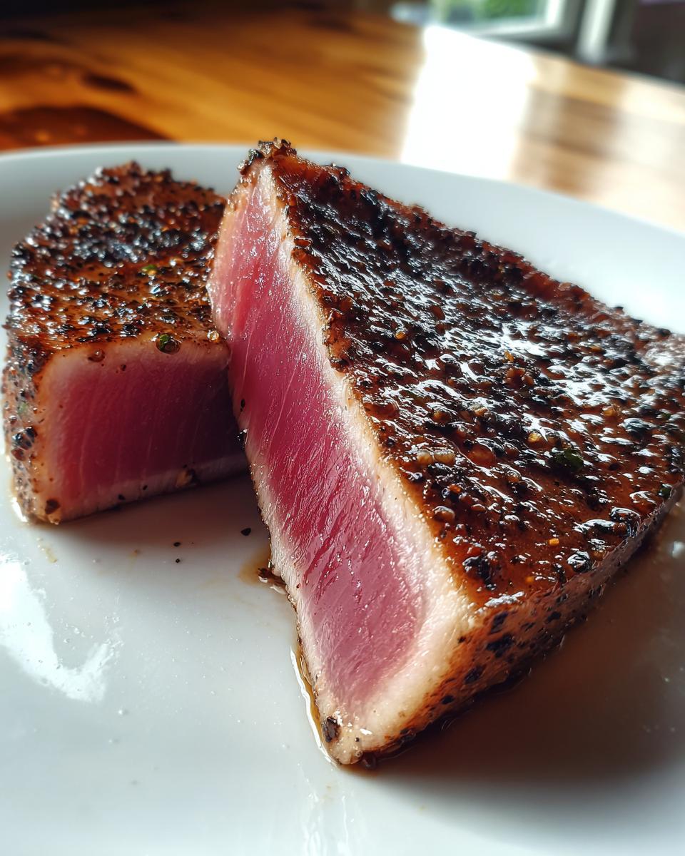 Two thick slices of seared tuna steak, showing a rare, bright red center and a dark, seasoned crust from the MARINADE FOR TUNA STEAK.