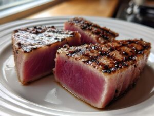 Three thick slices of seared tuna steak, cooked rare, showcasing a vibrant pink center and dark crust from the MARINADE FOR TUNA STEAK.