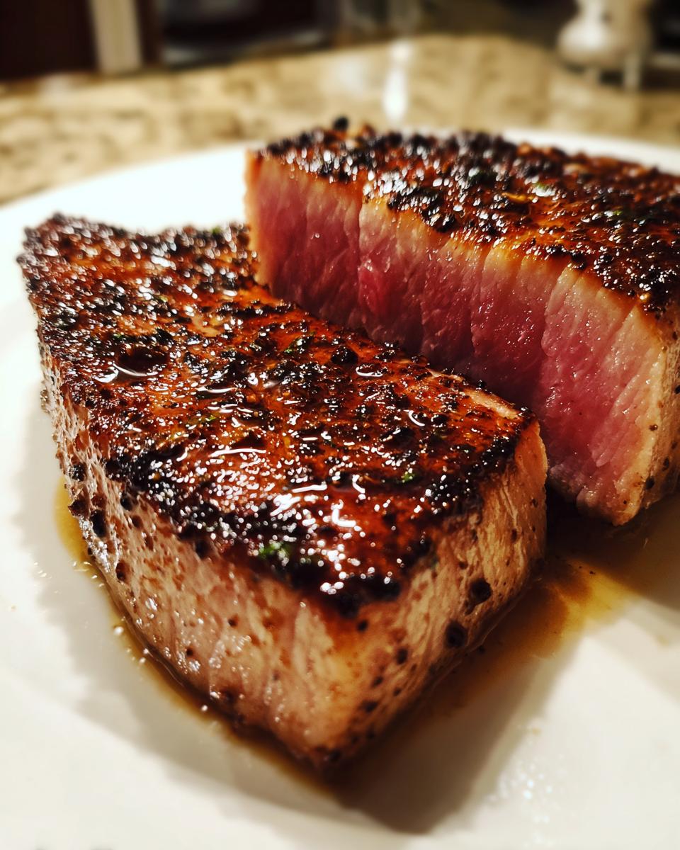 Close-up of a perfectly seared tuna steak, sliced to show a rare, pink interior, coated in a dark marinade glaze.