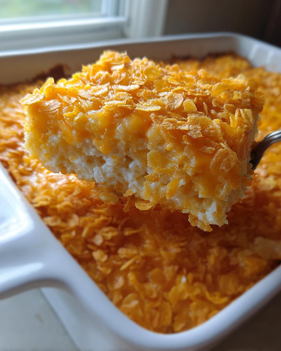 A spoonful of creamy hashbrown casserole being lifted from a white baking dish, showing a crunchy cornflake topping.
