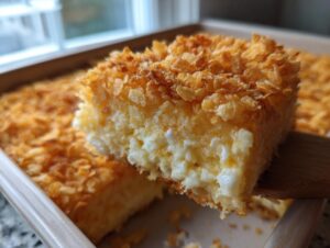 A close-up of a square slice of creamy hashbrown casserole being lifted out of the baking dish, showing a crunchy cornflake topping.