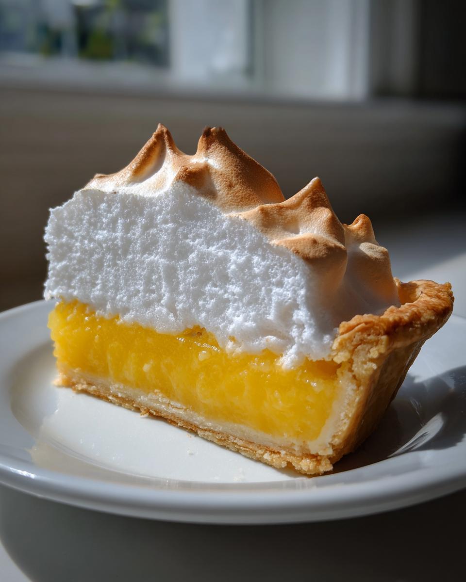 A close-up slice of bright yellow lemon meringue pie with a tall, toasted meringue topping.