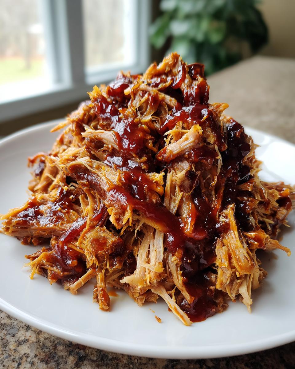 A mound of tender, shredded Slow Cooker Pulled Pork drizzled generously with dark BBQ sauce on a white plate.