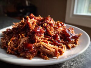 A mound of tender, shredded Slow Cooker Pulled Pork generously coated in dark, glossy barbecue sauce, served on a white plate.