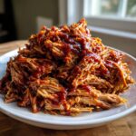 A heaping pile of tender, shredded Slow Cooker Pulled Pork drizzled with rich BBQ sauce on a white plate.