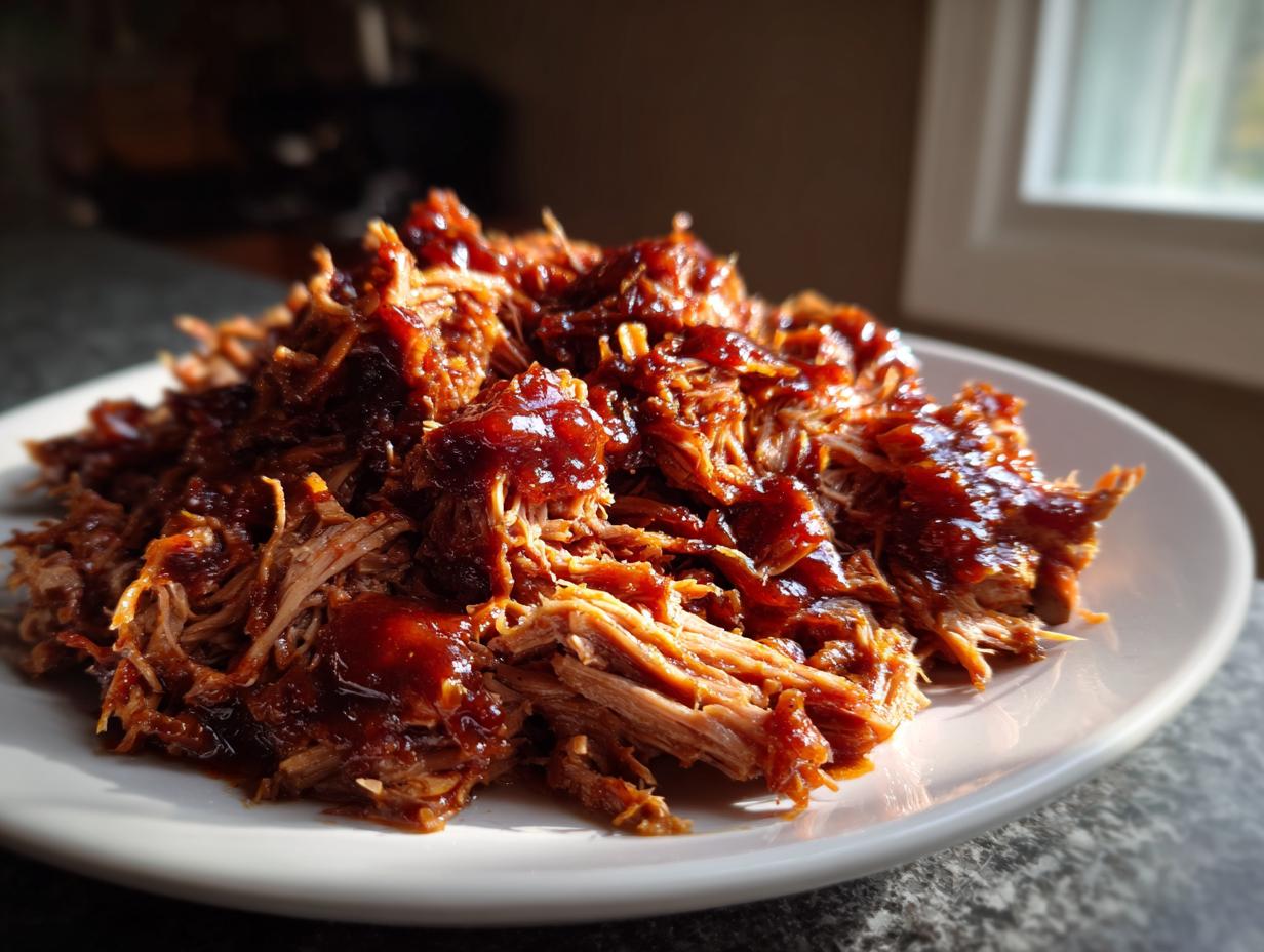 A mound of tender, shredded Slow Cooker Pulled Pork generously coated in dark, glossy barbecue sauce, served on a white plate.